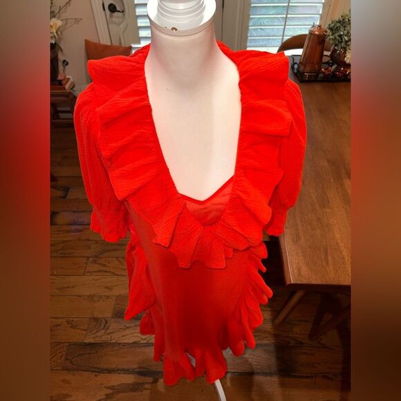 Romantic Red Ruffle Wrap Dress Crinkled Cotton Gauze Fit & Flare XS J.Crew NWT - Picture 4 of 10